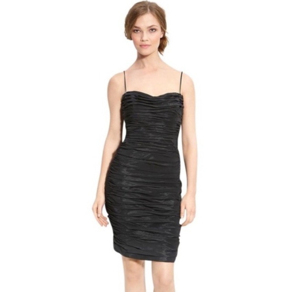 Rickie‎ Freeman for Teri Jon Black Ruched Cocktail Mini Dress Size 12 Taffeta